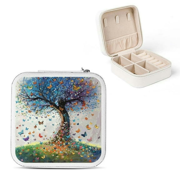 BCIIG Butterfly Theme Pu Leather Jewelry Box for Necklaces, Rings, Earrings - Compact Size Travel Case with Multiple Storage Compartments White