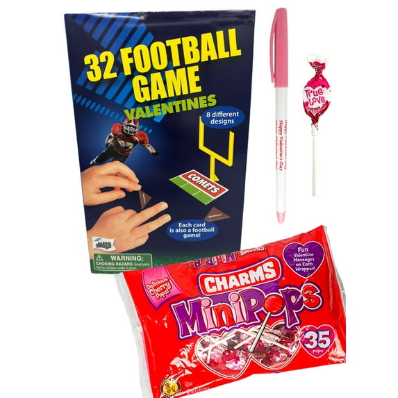 32 Football Game Valentine Cards with Charms Mini Lollipops and 1 Valentine's Day Pen Classroom Exchange Bundle For Kids
