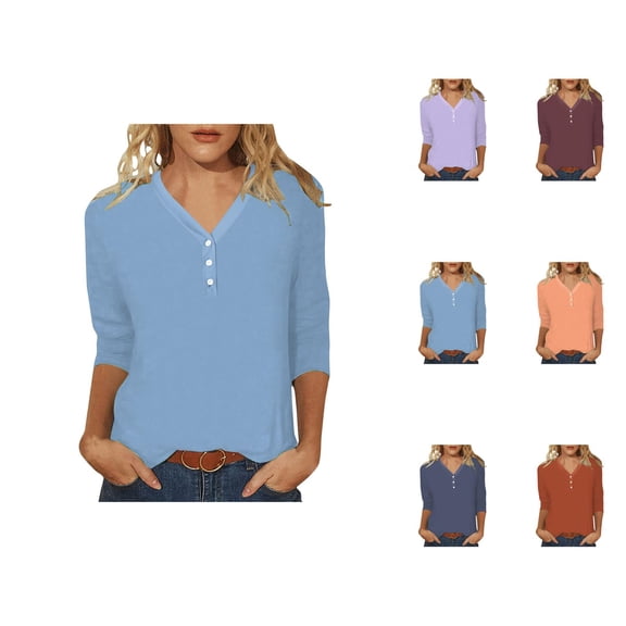 3/4 Length Sleeve Womens Tops 2026 Spring Trendy Casual V Neck Basic Plain Office Tshirt Womens Blouses