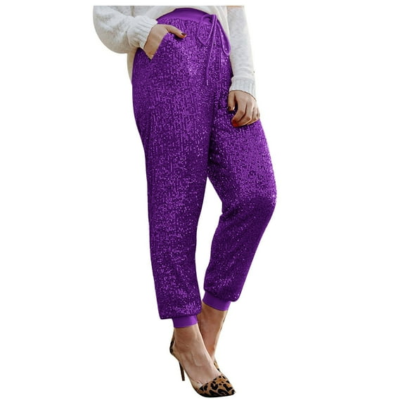 PMVFHDE Women's Sequin Pants Elastic Waist Sparkly Glitter Pull On Pants Party Wear Comfortable Trousers Purple，L