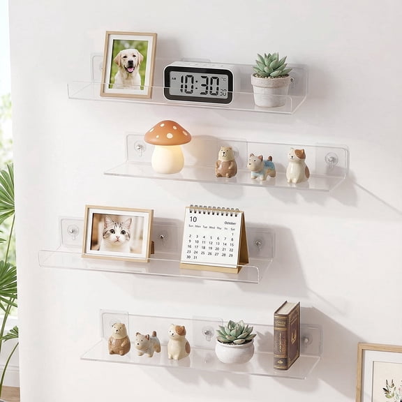 Mimifly 4-Pack Clear Acrylic Floating Shelves 15.7"x4", 2 U-Shape & 2 L-Shape Wall Organizer | Bathroom Storage, Bookshelf, Perfume Display, Makeup & Collectibles