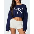 thumbnail image 3 of Fall Long Sleeve Pullover Sweaters for Women Trendy Crewneck Casual Cute Chunky Knit Crop Sweater Navy Blue M, 3 of 8