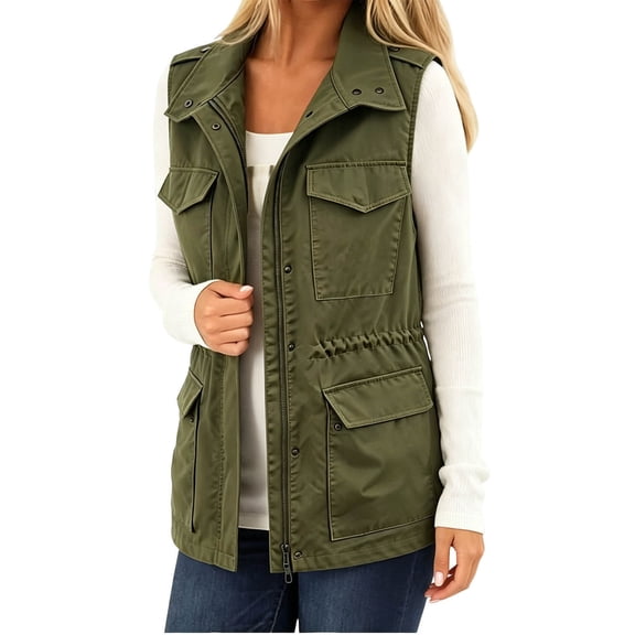 Admvng Womens Cargo Sleeveless Vest Drawstring Waist Multi Pocket Casual Outdoor Workwear Jacket