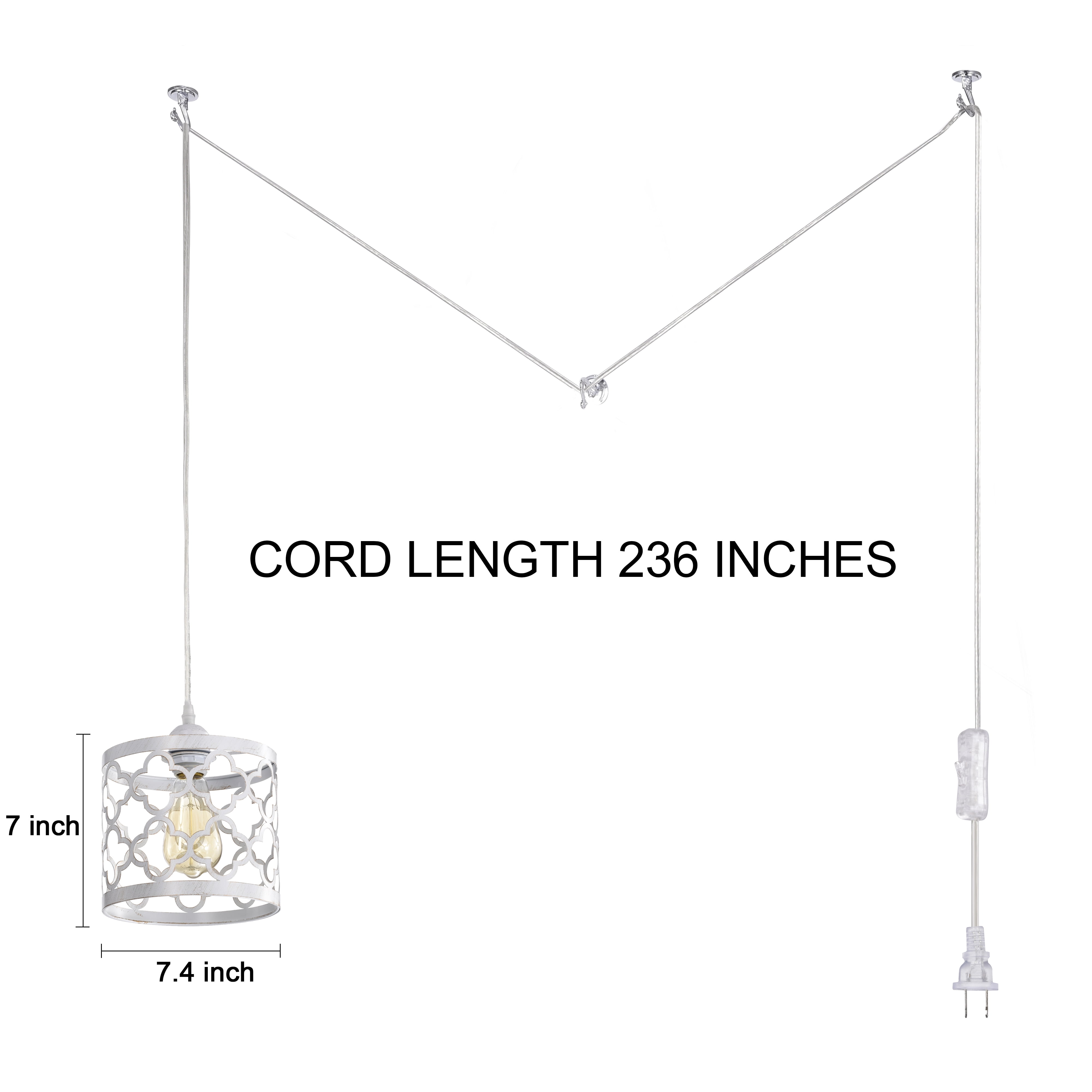 White Plug in Pendant Light with Switch, 19.7FT Hanging Swag Light Fixture with E26 Base, Farmhouse Style Cage Lamp for Bedroom, Kitchen, Living Room