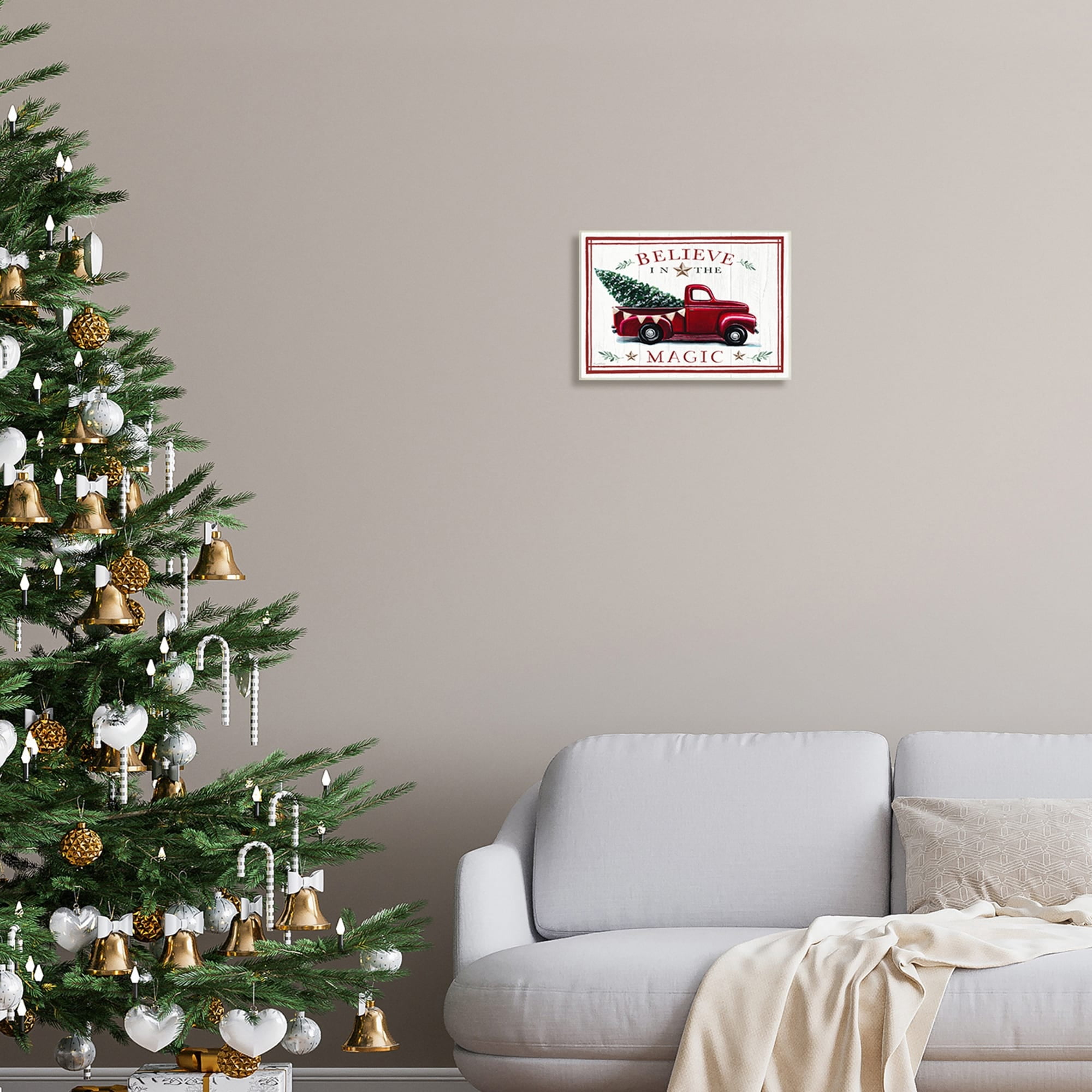 Believe In Magic Red Vintage Truck Country Holiday Tree Transportation Graphic Art Unframed Art Print Wall Art