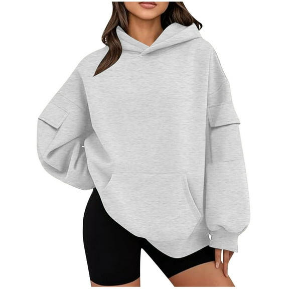 Chiccall Hoodies Women Casual Loose Solid Long Sleeve Sweatshirts with 3 Pockets & Hood