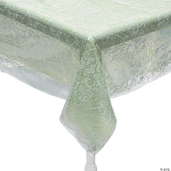 White Lace-Printed & Sage Green Rectangle Disposable Plastic Tablecloth Kit - 2 Pieces
