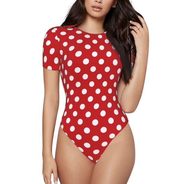 Fotbe Red Polka Dot Body de Mujer con Cuello Redondo y Mangas Cortas, Sin Mangas Ajustado, Suave, Cómodo y Básico-Medium