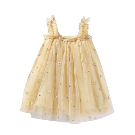 

Toddler Baby Kids Girls Daisy Floral Summer Sleeveless Beach Tutu Dress Casual Layered Tulle Dresses Princess Birthday Party Beach Dresses 1-6Y