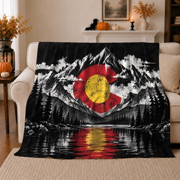 Serene Mountain Wilderness Scenic State Flag Emblem, Peaceful Mountain Lake Scene, Warm Flannel Blanket for Cabin and Lodge, Outdoor Lovers Thanksgiving Gift, Rustic Home Decor