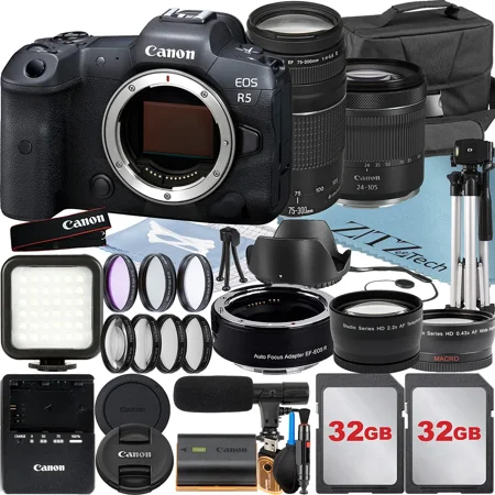 Canon EOS R5 Mirrorless Camera with RF24-105mm + 75-300mm Lens + Mount Adapter + 2 Pack 32GB Memory Card + ZeeTech Accessory (International Version)