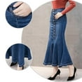 thumbnail image 7 of Women's Stretchy Denim Midi Skirt - High Waist Fishtail Bodycon Skirt, Button Closure, S-XXL, 7 of 7