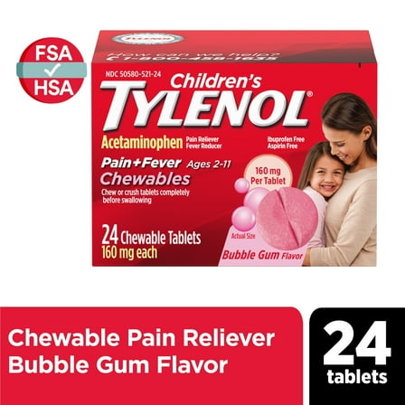 Children's Tylenol Chewables, 160 mg Acetaminophen, Bubble Gum, 24 Count