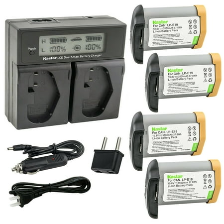Kastar 4 Pack Fully Decode LP-E19 Battery and LCD Dual Fast Charger Replacement for Canon EOS 1D C EOS 1D Mark III Mark 3 EOS 1Ds Mark III Mark 3 EOS 1D Mark IV Mark 4 EOS 1D X Camera
