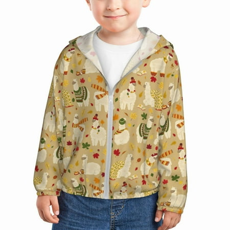 

Sun Hoodie for Kids Autumnal Cute Alpaca Fallen Leaves Long Sleeve Swim Fishing Shirts Sun Protection Zip Up Jacket Clothing Athletic Hoodie