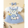 thumbnail image 2 of Baby Girls Summer Romper Dress Short Sleeve Crewneck Bear Embroidery Romper with Headband, 2 of 9