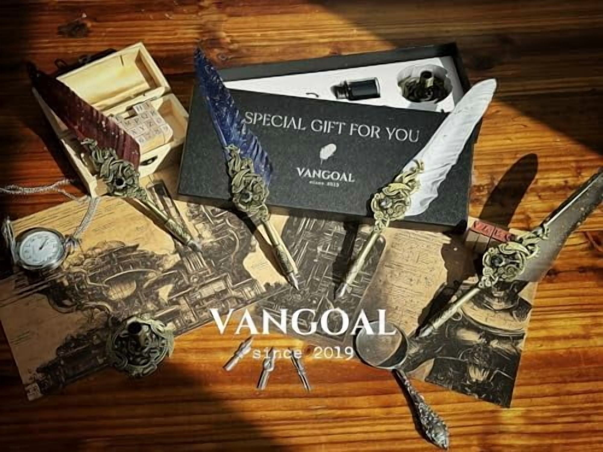 Steampunk Feather Pen and Ink Set with Gift Box, Vintage Quill Pen for Writing, Calligraphy Pen Set for Office Supplies, Birthday, Wedding, Christmas Gift (Coffee)
