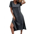 thumbnail image 2 of Summer Casual Women V-Neck Solid Color Side Slit Dress With Pocket, 2 of 3