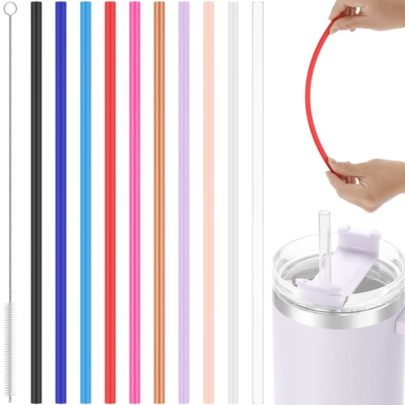 Duety 10 Pack Reusable Straws with Clearing Brush 12in Long Replacement Straws 10 Colors Tumblers Straw Replacement Food Grade Reusable Plastic Straws Durable for 40oz Tumblers Mugs Half Gallon Jug