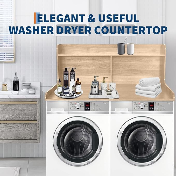 2 Tier Washer Dryer Countertop with Shelf, 54x27.5 Inch Waterproof Wood Laundry Room Topper, Large Washer and Dryer Topper with Storage for Laundry Organization, Wood Color