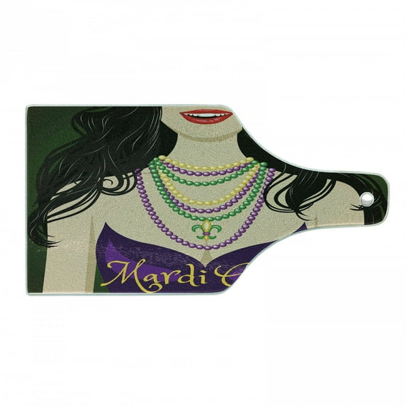 Mardi Gras Cutting Board, Young Woman with Party Dress and Necklace with Fleur De Lis Accessories, Decorative Tempered Glass Cutting and Serving Board, Wine Bottle Shape, Multicolor, by Ambesonne