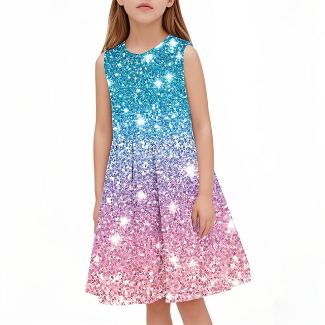 Tranfacy Robes d'Été pour Ados Enfants Sans Manches à Imprimé de Paillettes Col Rond Taille Cintrée Robe d'Été pour Enfants de Taille Moyenne