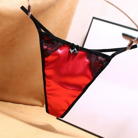 

YIWEI Women Sexy Satin Panties G-String Thong Low Waist Pearl Bowknot Underwear Briefs Red XL