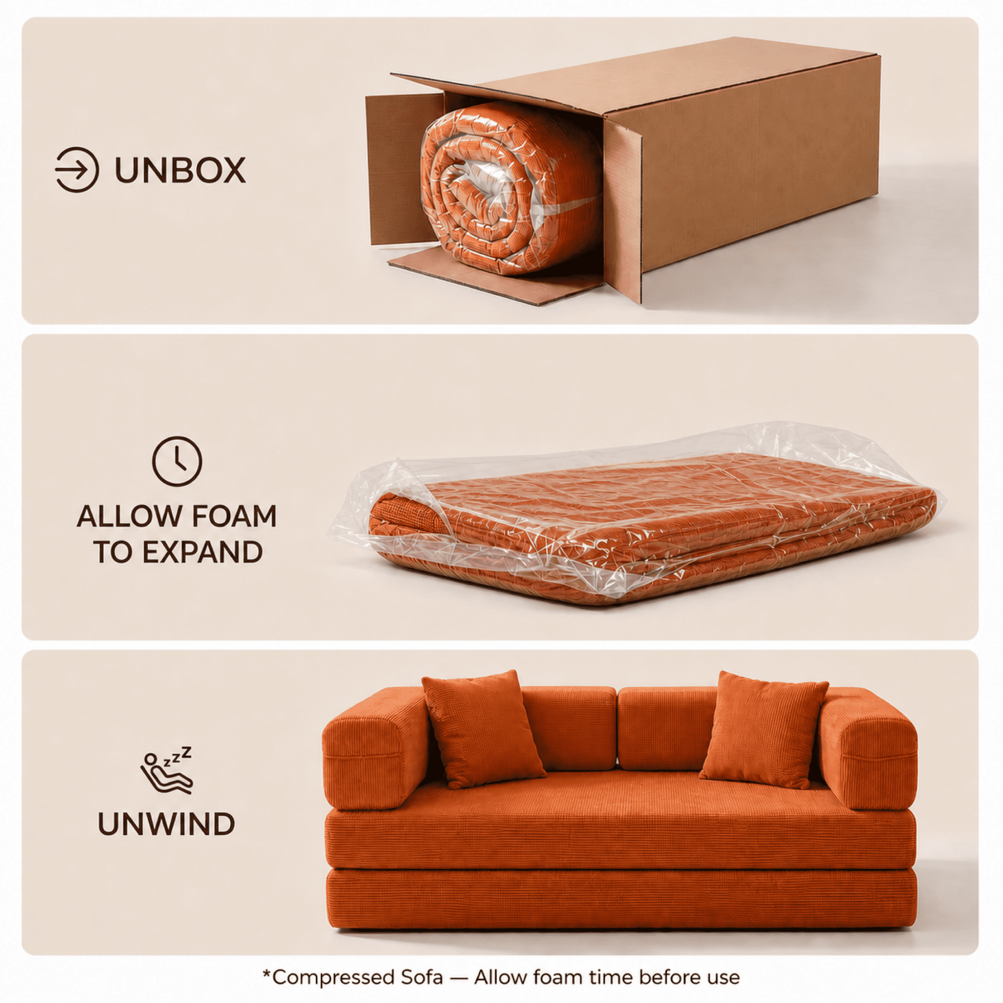 HOQBN Double Sofa Bed, Multifunctional Compression Sofa, Wide Body Pure Spine Sofa, Fine Striped Corduroy Fabric Sofa for Living Room Orange