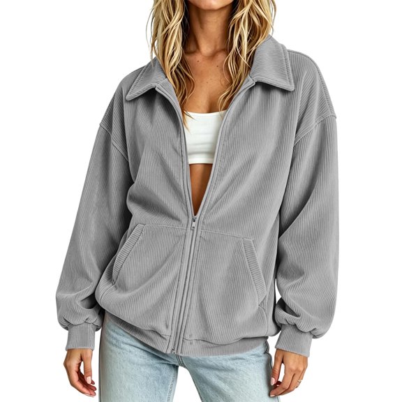 Oversized Corduroy Jacket Women Zip up Lapel Collar Long Sleeve Loose Soft Casual Streetwear Coat with Kangaroo Pockets Gray Athletic Zip up Hoodie Women L
