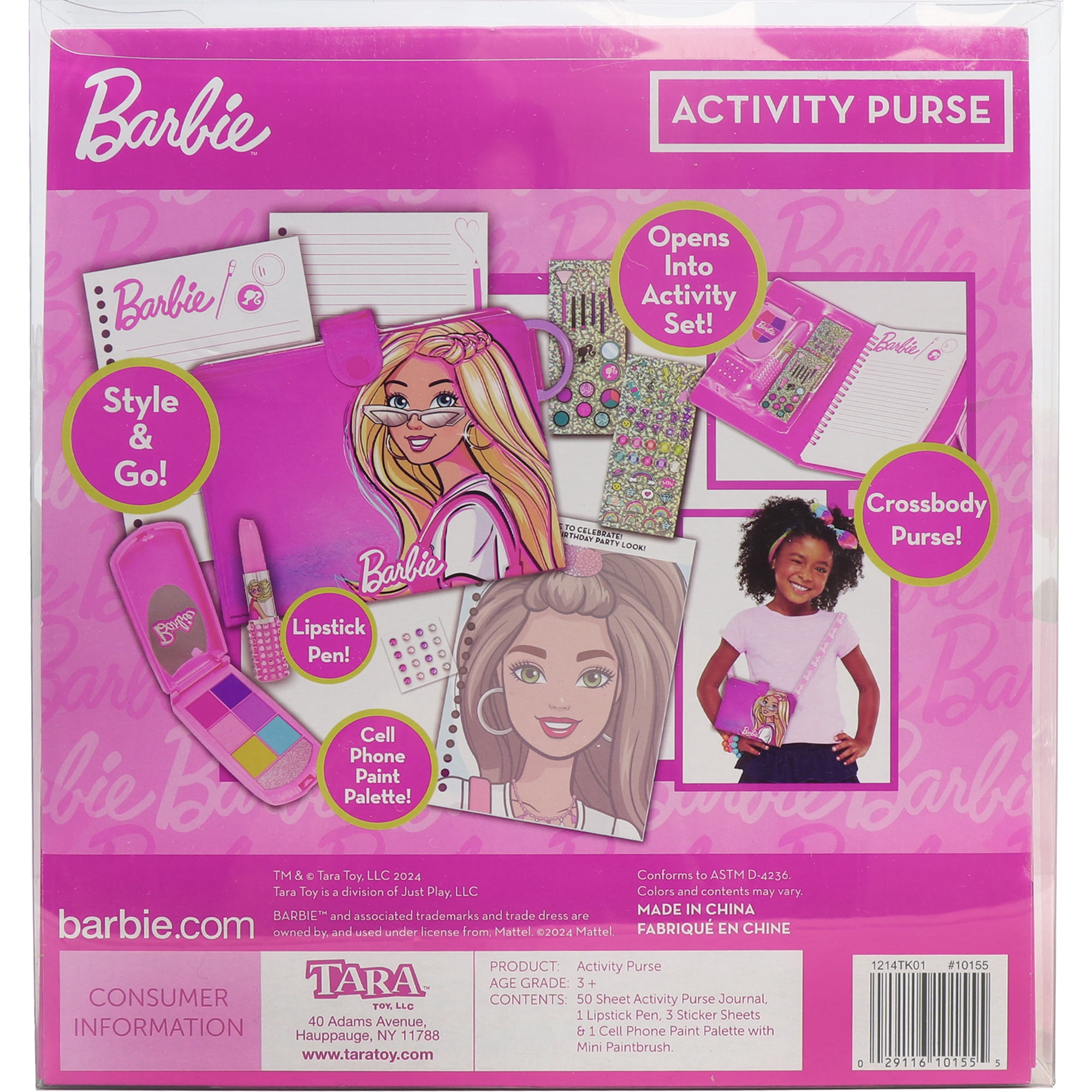 Tara Toy: Barbie Activity Purse - Style & Go Crossbody Purse, Opens Into Activity Journal Set, Lipstick Shaped Pen, Stickers, Paint, Kids Ages 3+