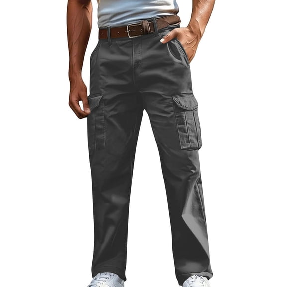 LIBRCLO Cargo Pants for Men Slim Fit Cotton Linen Outdoor Hiking Pants with Pockets Casual Straigh Leg Trousers Dark Gray S