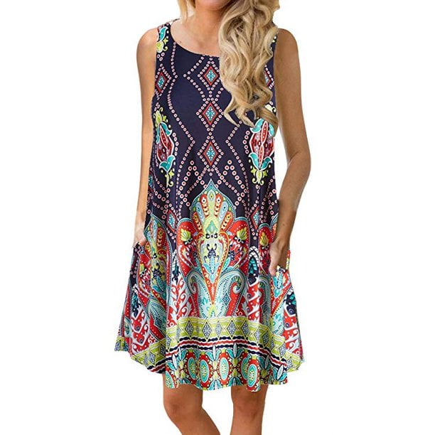 LYD Vestido de verano casual sin mangas con estampado floral para mujer con bolsillos LYD Vestido sin mangas