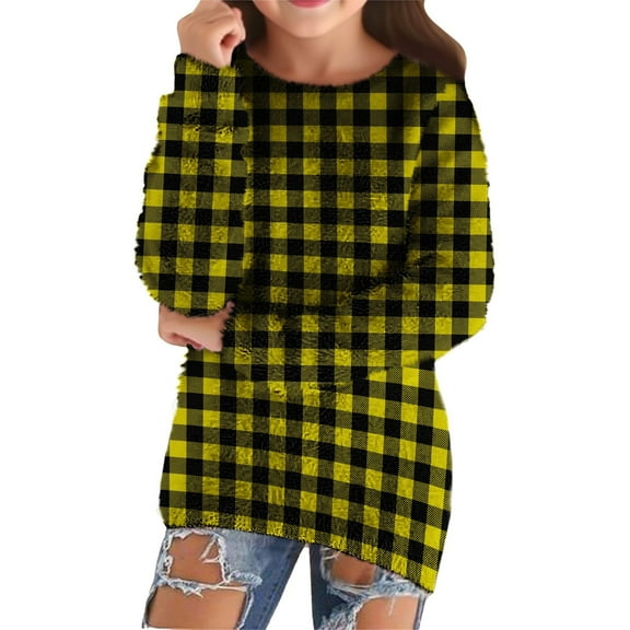YunPes Cozy Plaid Sweaters for Girls Oversized Long Sleeve Crew Neck Fuzzy Pullover Teen Fall Winter Warm Casual Sweatshirt
