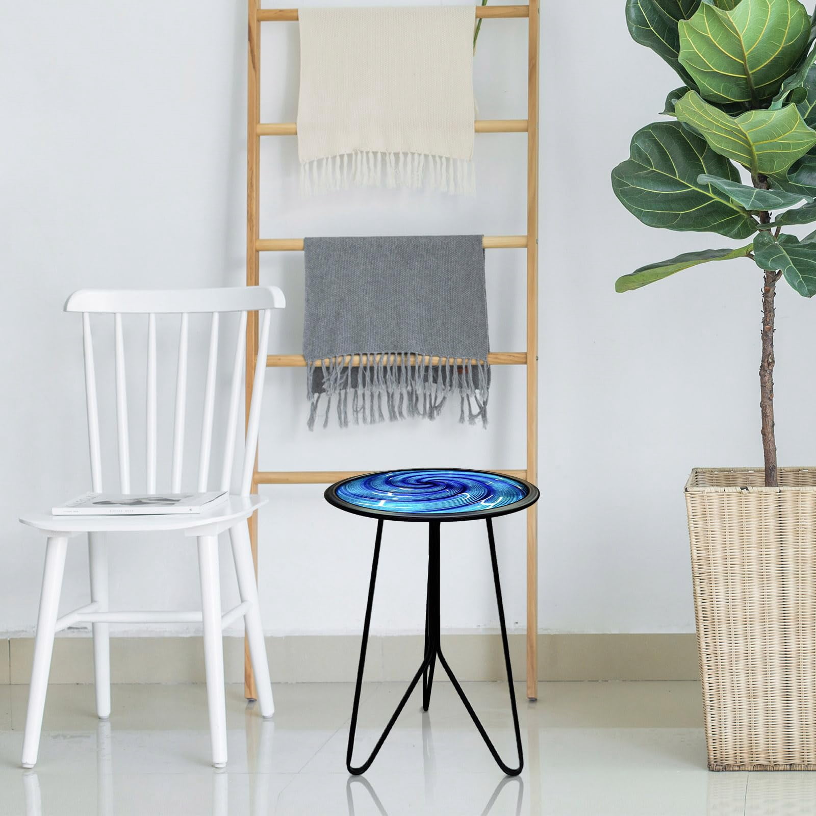 Liffy Blue Glass Side Table- 20 inch Height Vortex Metal End Table ,Plant Stand for Home