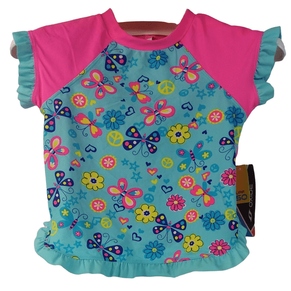 Oxide Little Girls' Flutterby Short-Sleeve Swim Top Blue Fish - SIZE 3T