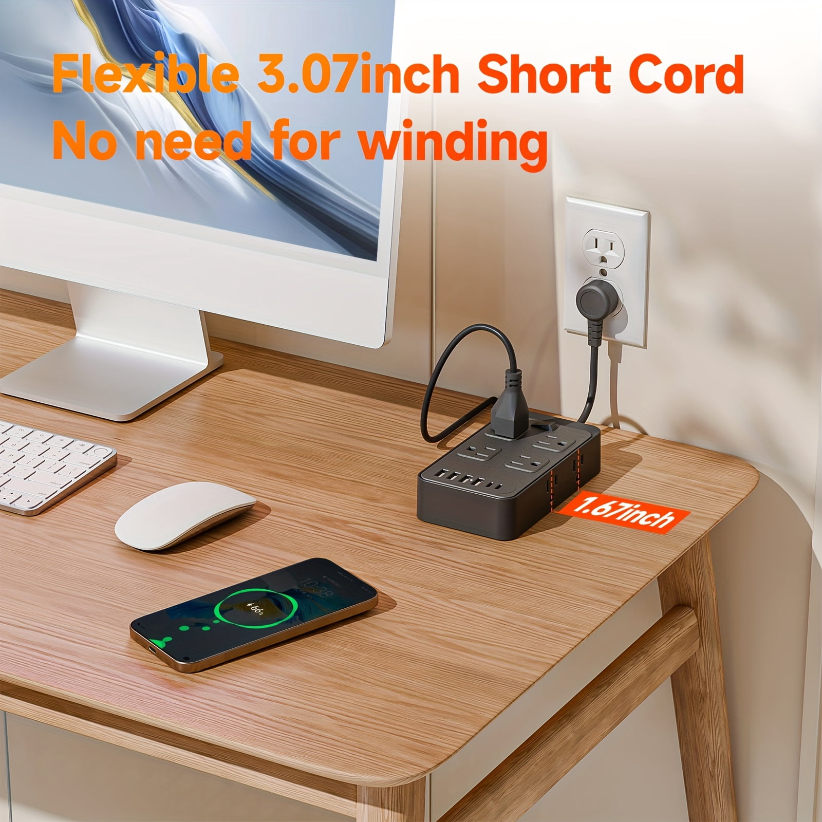 Outlet Extender with Surge Protector, 8 AC Outlets & 6 USB Ports (4A+2C), Short 3-Inch Cord, Compact Charging Station for Home Office Travel