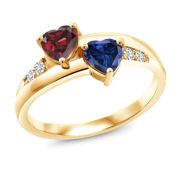 Gem Stone King 1.18 Ct Red Garnet Blue Created Sapphire 18K Yellow Gold Plated Silver Lab Grown Diamond Ring (Size 7)