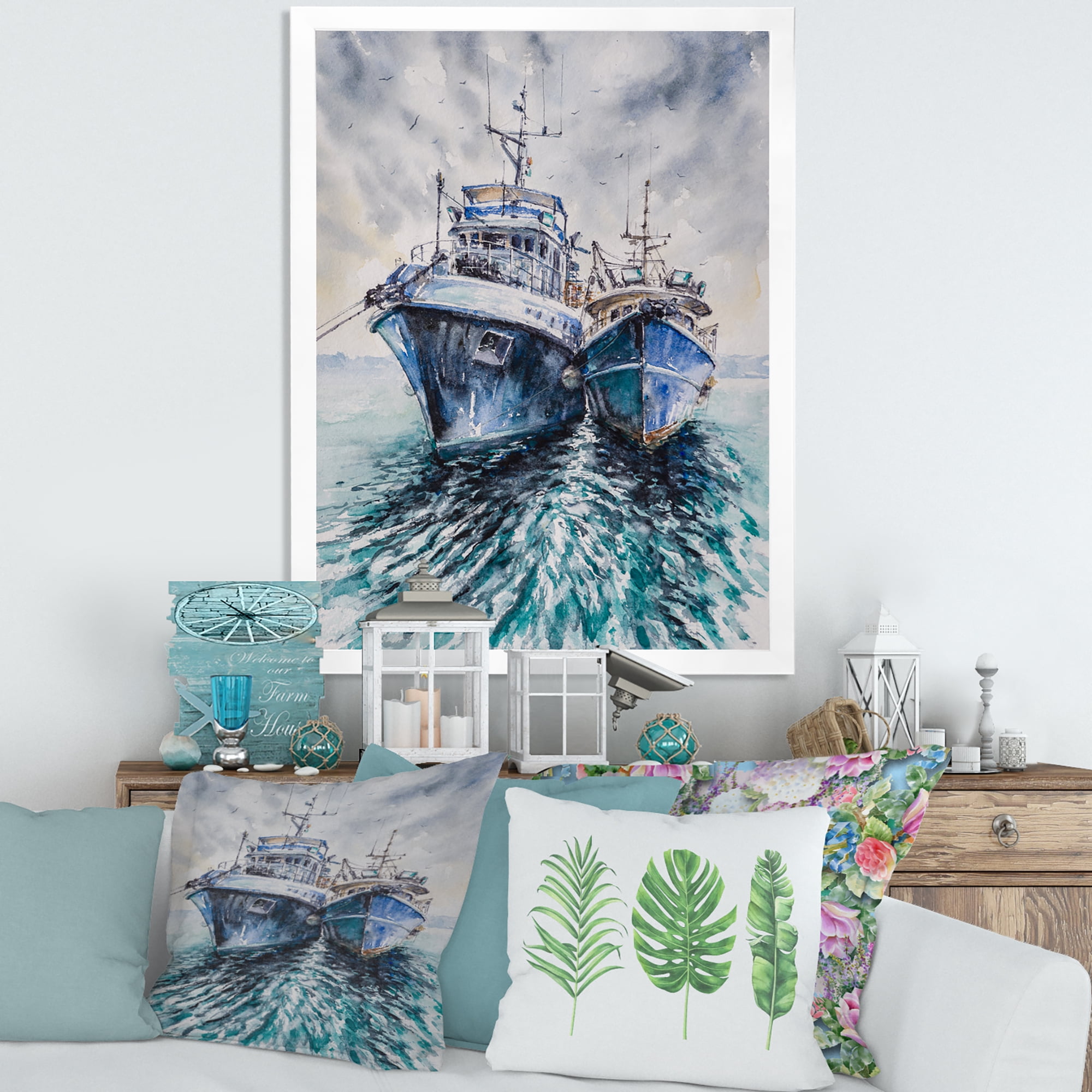 Designart 'Blue Fishing Boats Before A Storm Anchored' Nautical & Coastal Framed Art Print