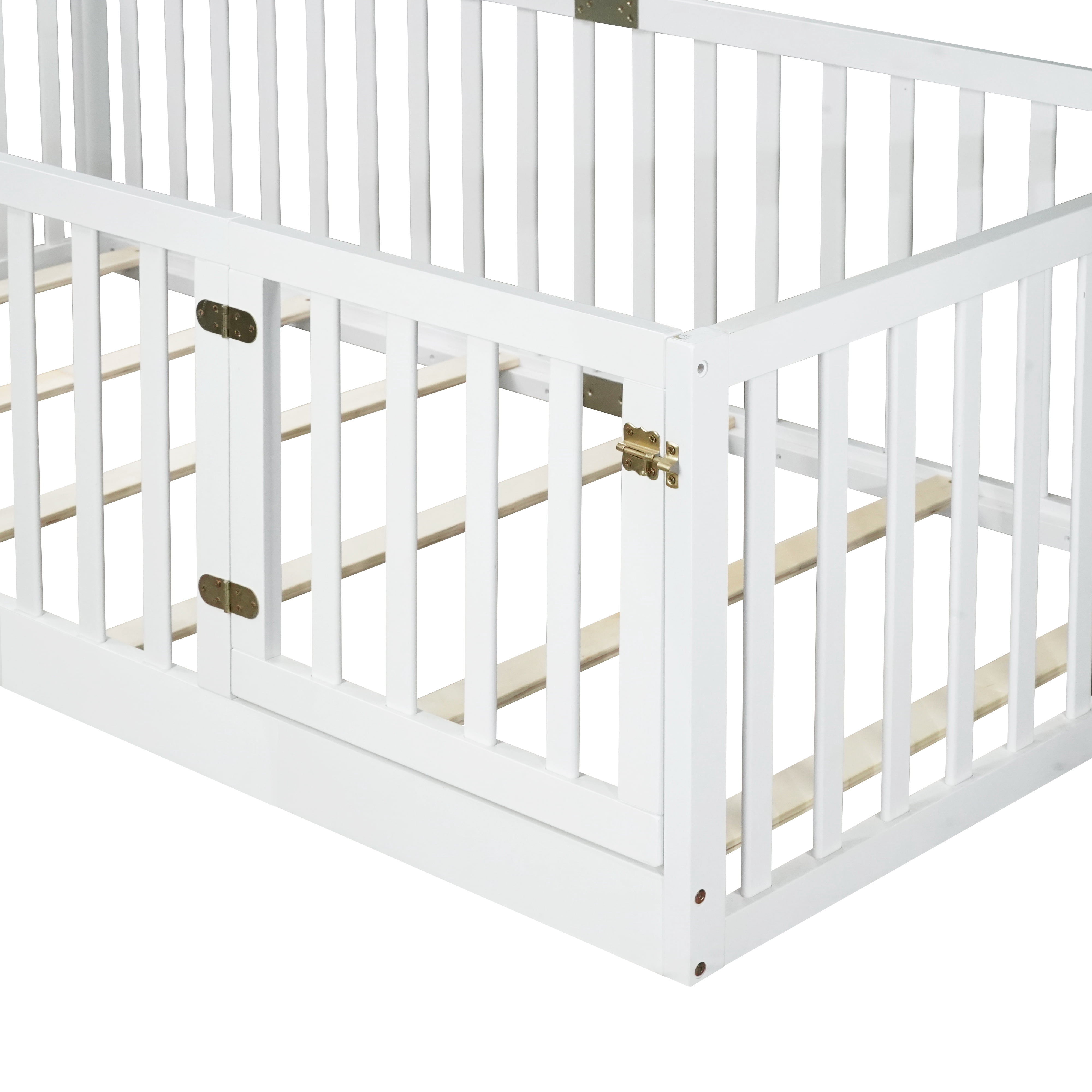 Sesslife Twin Size Floor Bed with High Fence & Door, Wood Twin Bed Frame with Salts and 21.5” Safety Guardrails, Twin Floor Bed for Boys Girls, No Box Spring Needed, White