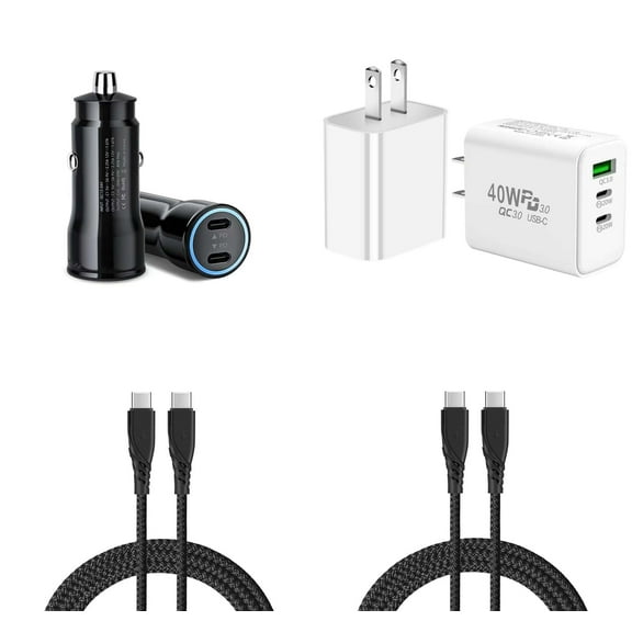 Universal 40W Dual USB-C PD Power Delivery Car Charger, 40W 3-Port Wall Charger, 60W USB-C to USB-C Cables for Asus Zenfone 10 - Black