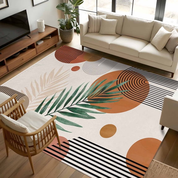 8x10 Area Rugs, Middle Century Non-Skid Rubber Backing Large Rectangle Rugs - Living Room Bedroom Home Office, Orange Brown Boho Abstract Geometric Indoor Floor Mat Carpets Washable Rug