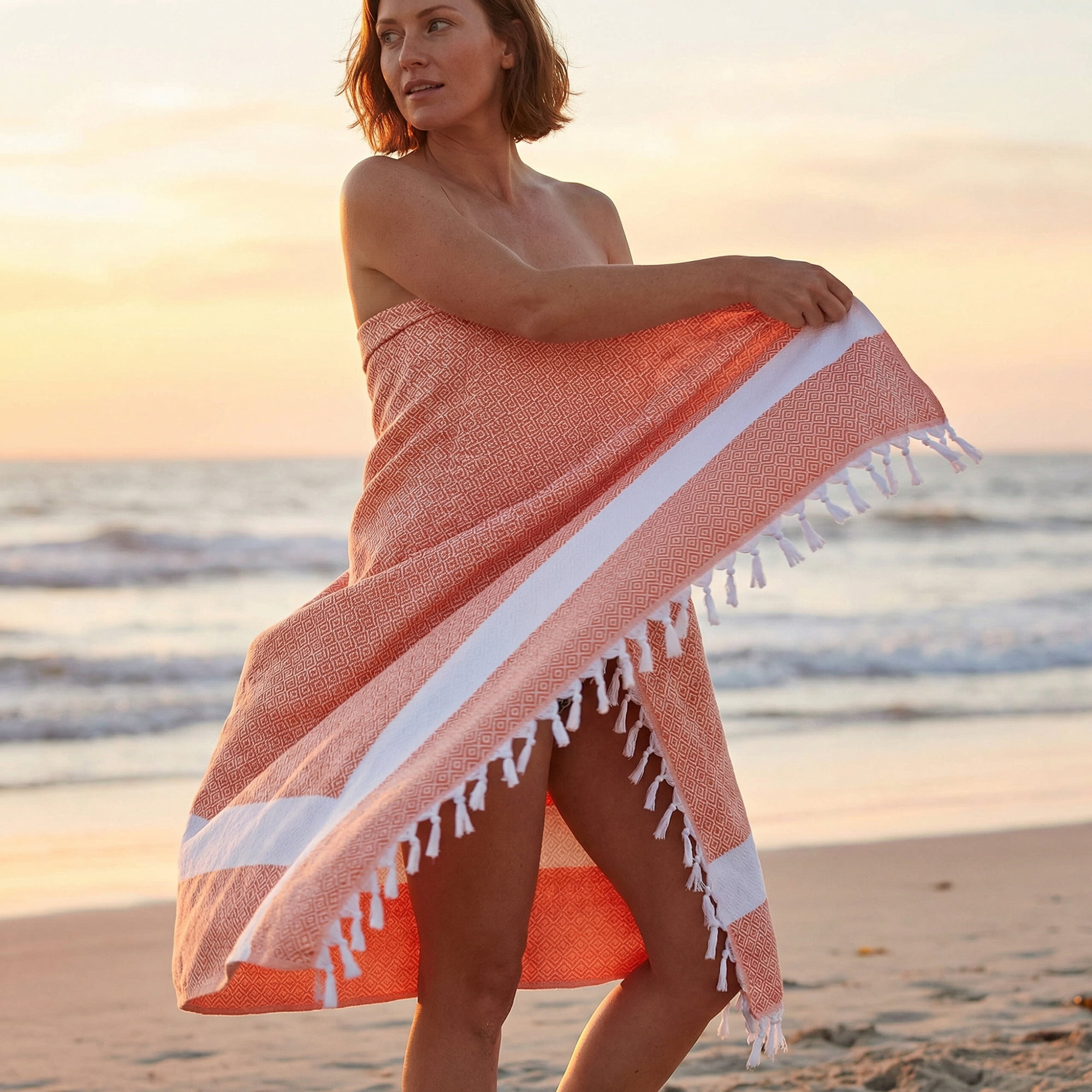 Unique Bargains Geometric Sandproof Quick Dry Turkish Towel Orange/Light Purple 71"x40"