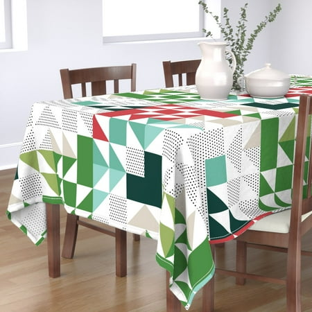 

Cotton Sateen Tablecloth 70 Square - Midcentury Modern Christmas Festive Geometric Green White Blue Triangles Squares Puzzle Wholecloth Print Custom Table Linens by Spoonflower
