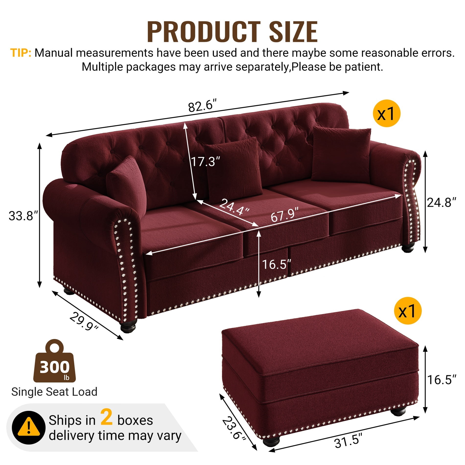 Alvantor 83" Cloud sofa with Ottman, Upholstered Velvet Couch with Nailhead Trim and Rolled Armrests, Mid-Century Modern Sofa for Living Room Burgundy