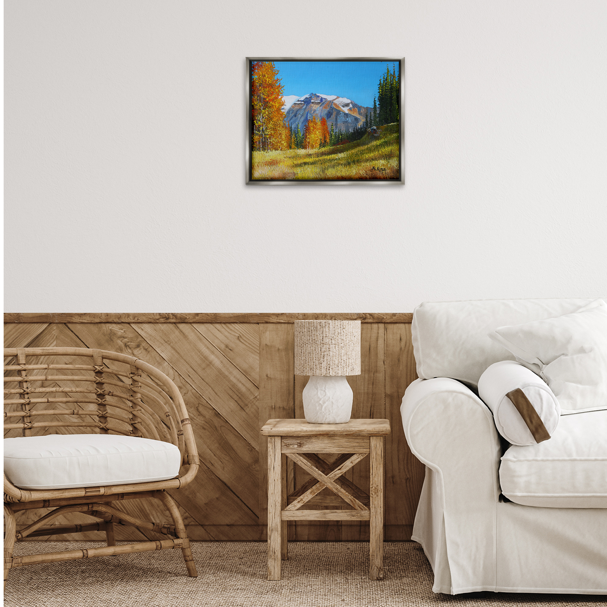 Stupell Industries Autumnal Mountain Valley Landscape & Nature Painting Gray Floater Framed Canvas Art Print Wall Art, 21 x 17