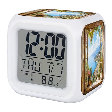 Alarm Clocks Coastal Scenery Digital Clock 7 Color LED Night Light Silent Non-Ticking Battery Operated Wooden Frame Window View Cube Clocks for Bedroom Bedside Living Room Office School Decor
