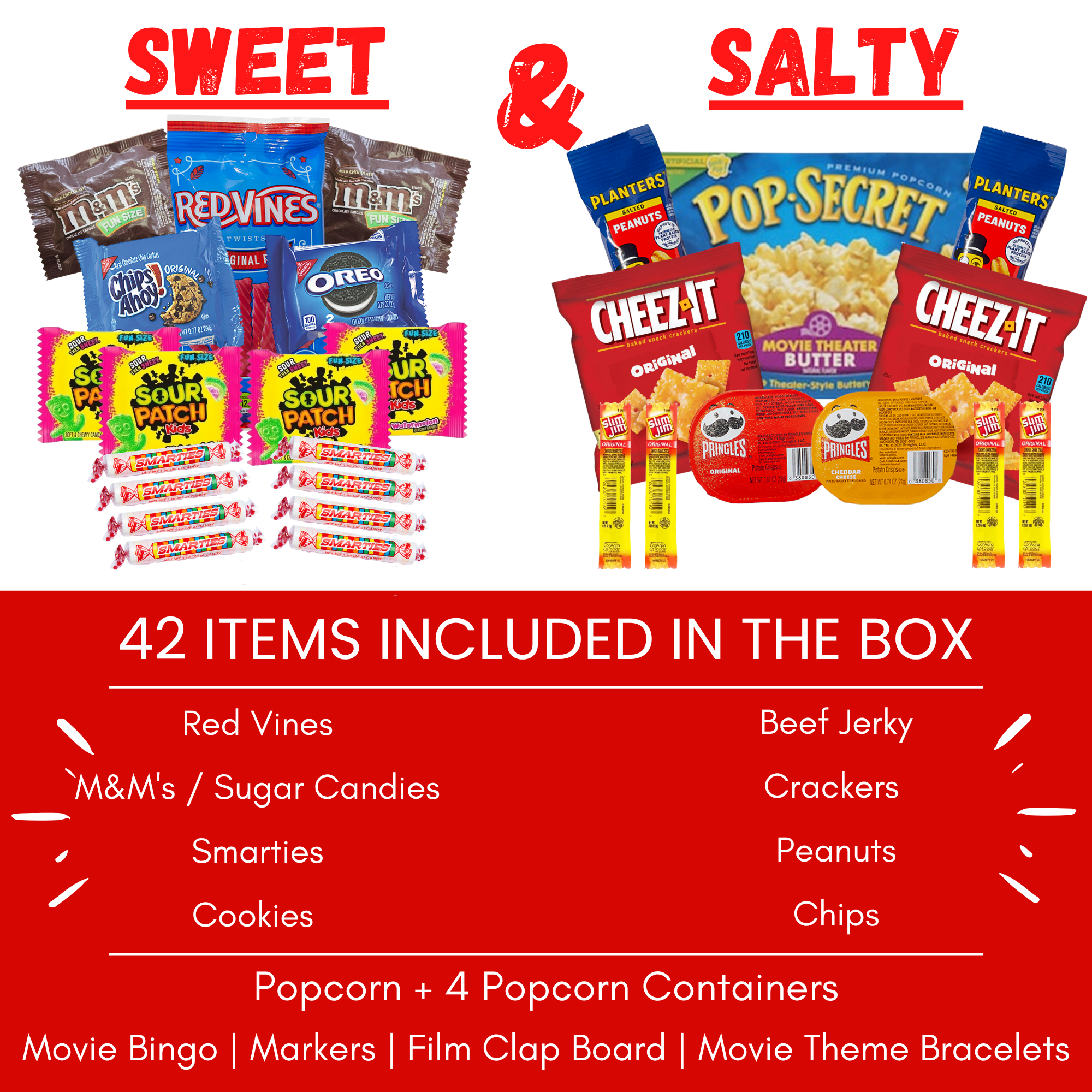 Movie Night Gift Basket – 42-Piece Gift Box with Popcorn, Candy, Snacks & Bingo