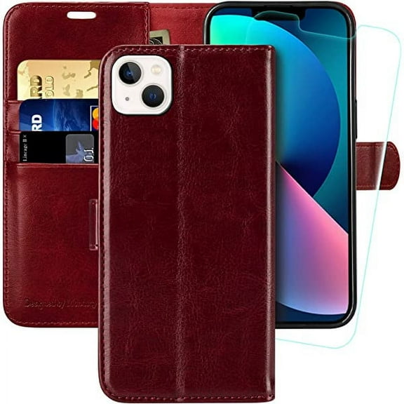 MONASAY Wallet Case Compatible for iPhone 13 5G, 6.1-inch, [Glass Screen Protector Included] [RFID Blocking] Flip Folio Leather Cell Phone Cover with Credit Card Holder