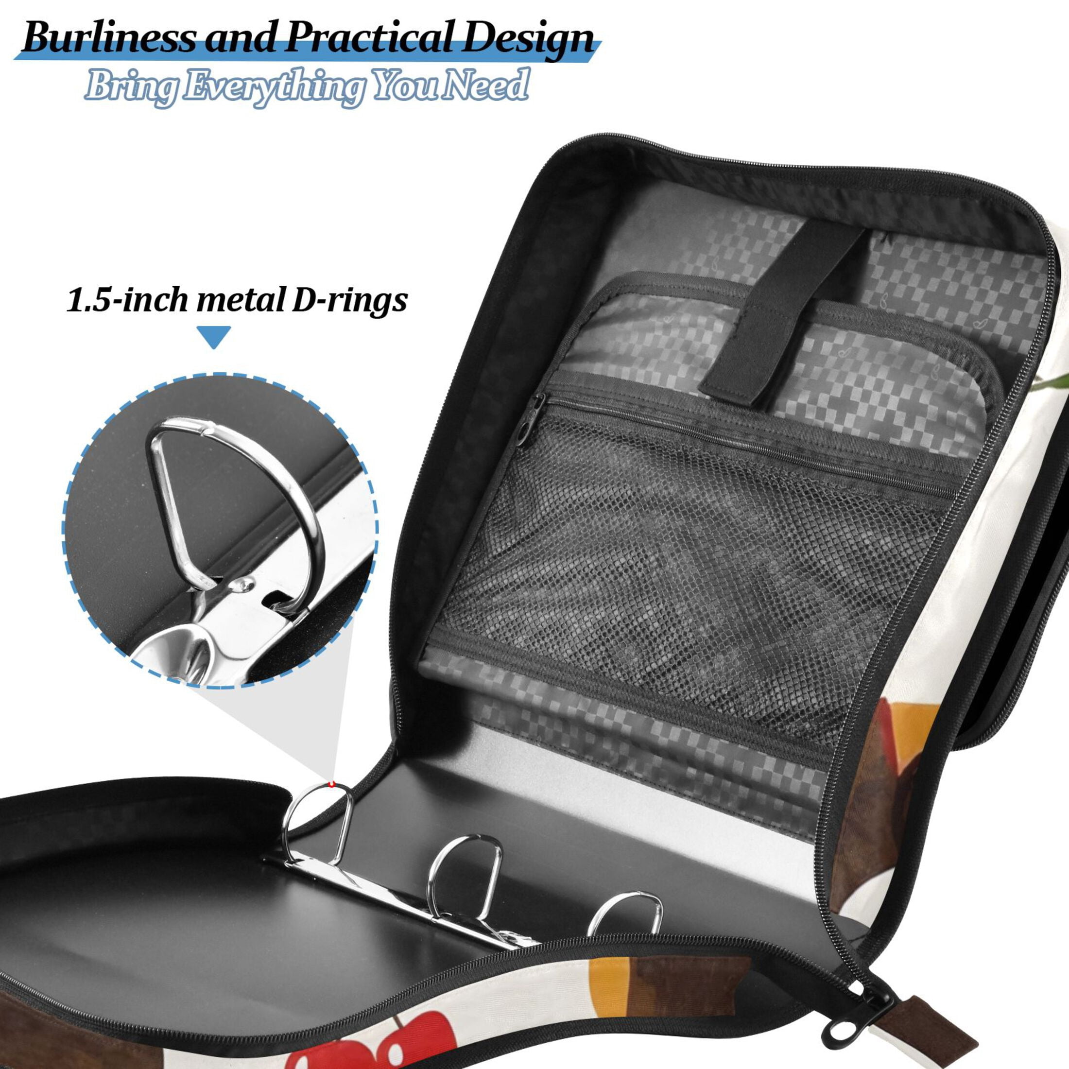 3 Ring Zipper Binder with Shoulder Strap Waterproof Trapper Keeper 2 Inch D-Ring 500 Sheets Capacity Dachshund and Cherry