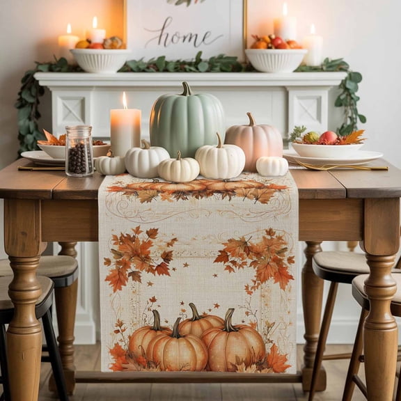 Fall Pumpkin Table Runner, Autumn Thanksgiving Kitchen Dining Table Decoration for Home Party Decor 13x72 Inches